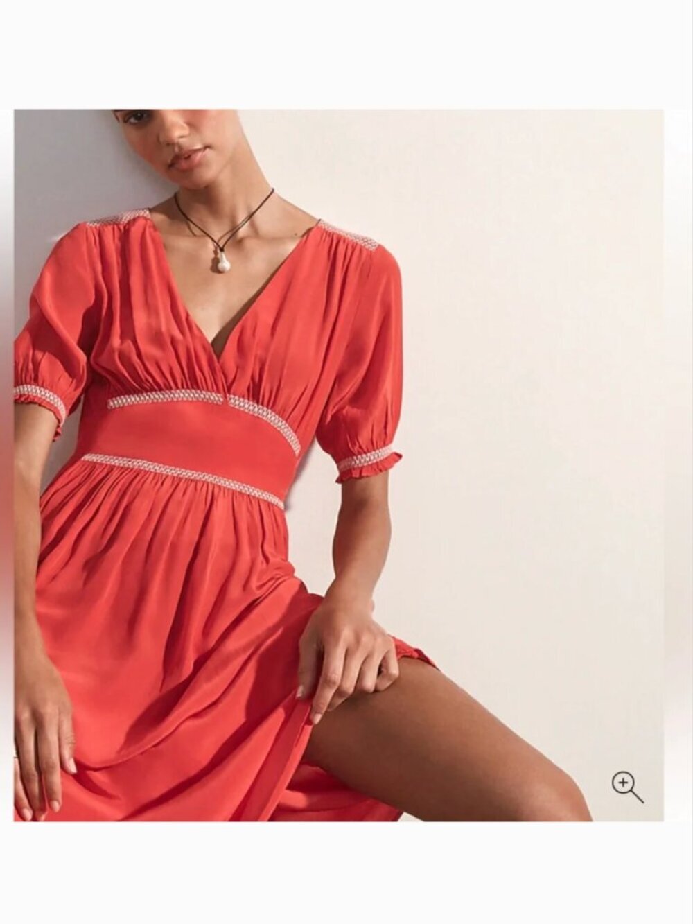 J.Crew Smocked Midi Dress 8 Crepe de Chine Red Peasant Prairie Milkmaid Preppy - Picture 2 of 13